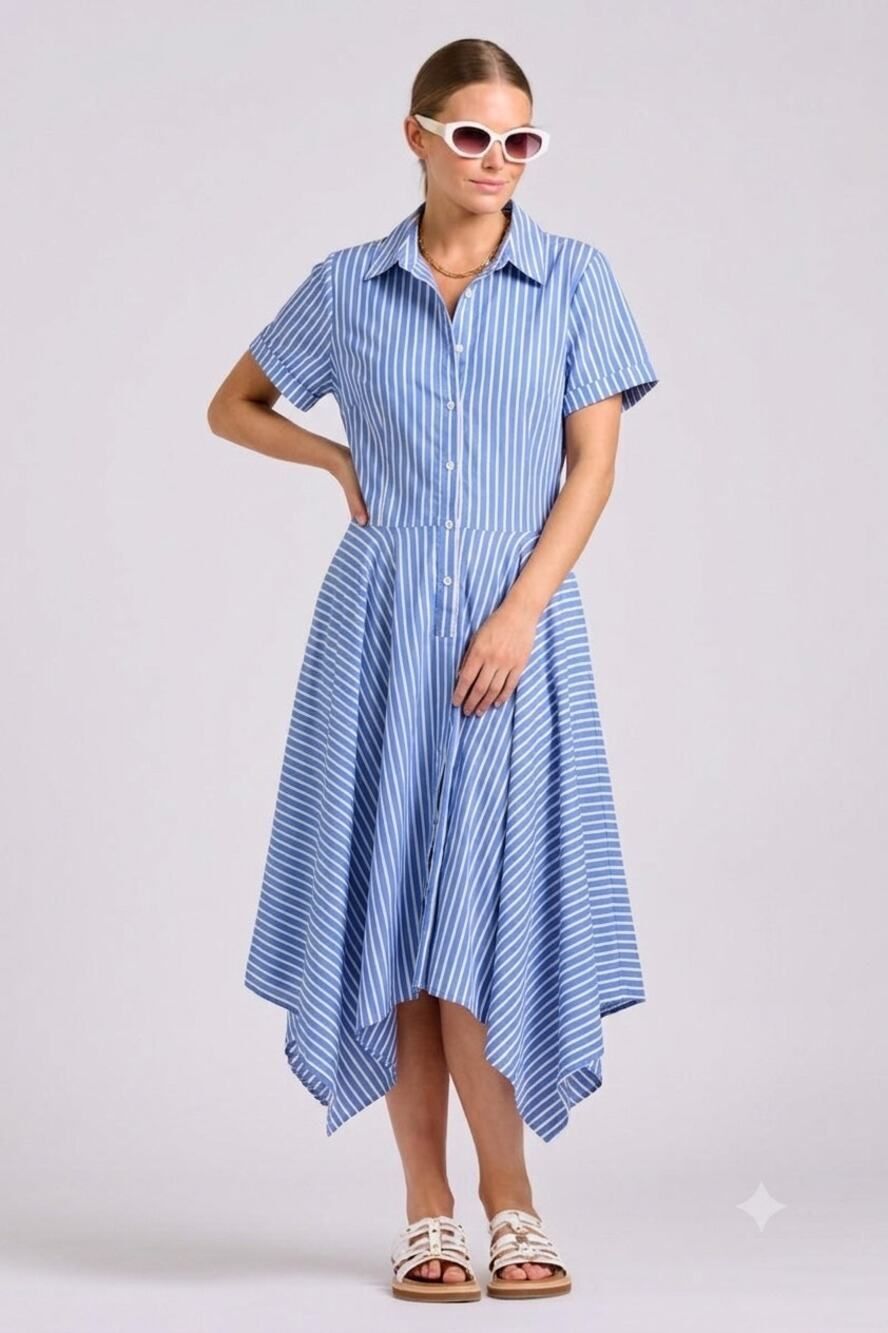 Ivy Blu Blue White Stripe Cotton Shirt Dress Belted High Low Size 14 Summer